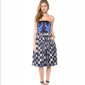 Tibi blue checkered print strapless dress